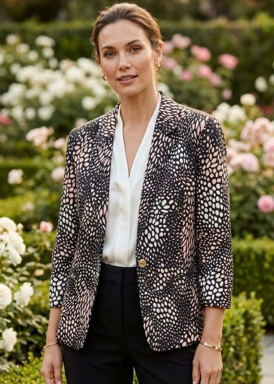 Anne Klein Abstract Pebble Print One-Button Scrunch Sleeve Blazer, Size L - EK